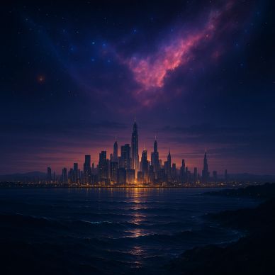 A glowing city skyline under a vibrant starry night sky with a pink nebula.