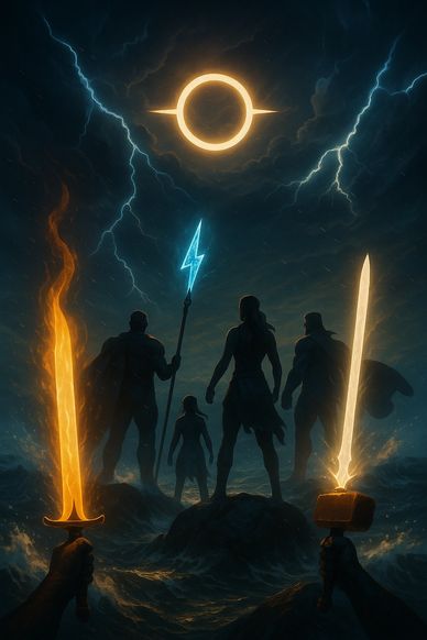 Silhouetted heroes wielding glowing weapons under a stormy sky with a glowing ring.