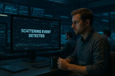 Man analyzing data on computer with 'Scattering Event Detected' message.
