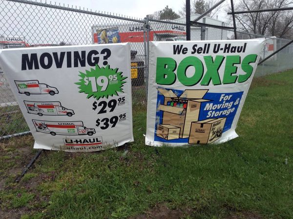 Signs for our U-Haul rentals and moving supplies for sale in Berrien Springs.