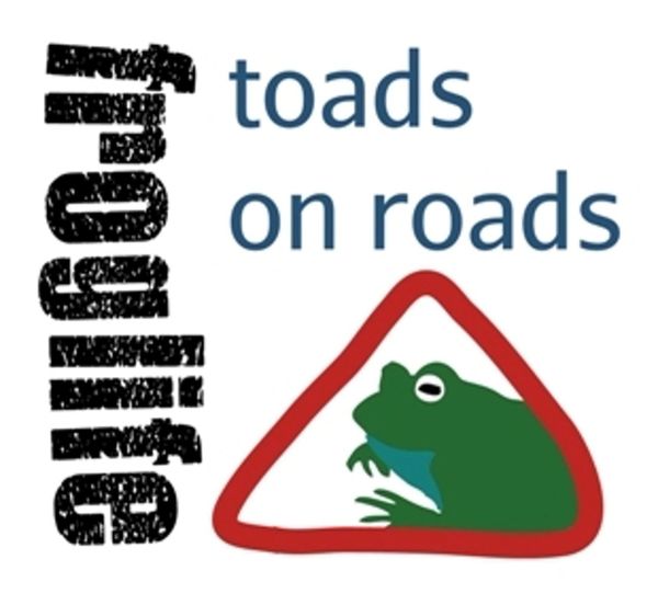 Toads on roads wildlife caution sign with a frog illustration.