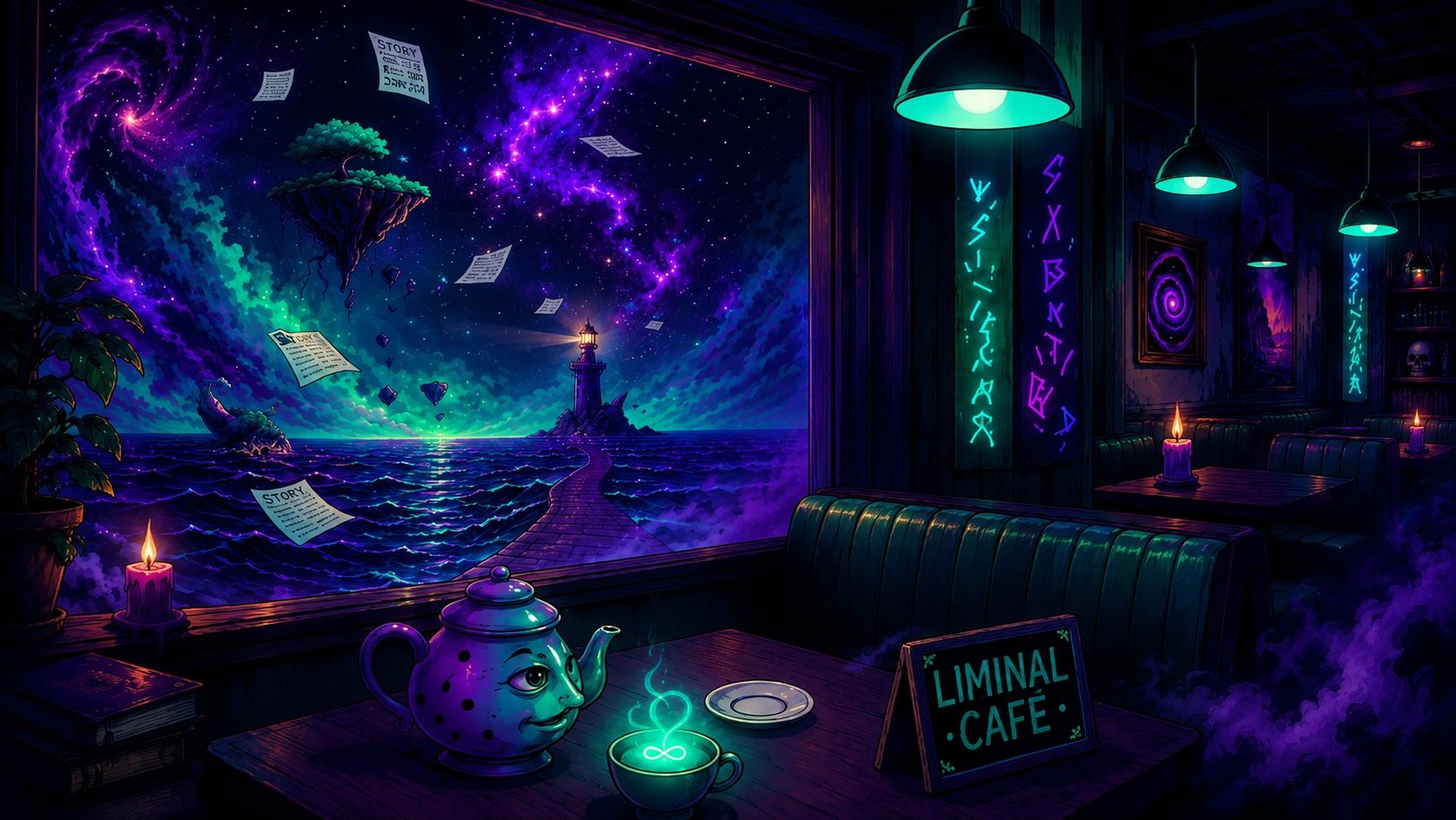 The Liminal Café from Too Weird To Fail, a surreal cosmic café overlooking a purple sea and lighthou
