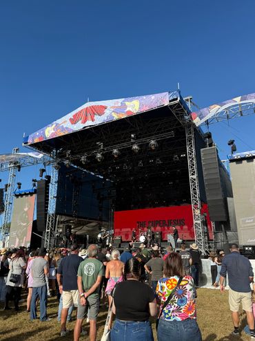 Crowd watching a live outdoor concert on a sunny day.