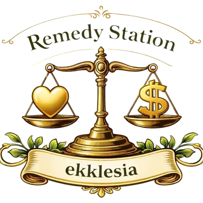 Golden balance scale with heart and dollar sign labeled 'Remedy Station ekklesia'.