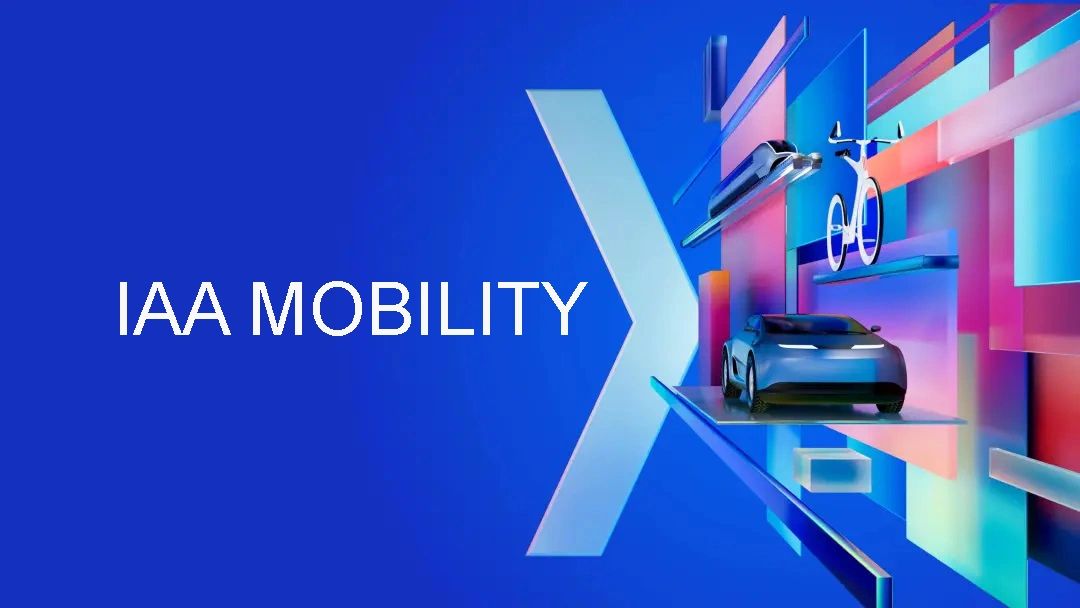 IAA Mobility logo with futuristic vehicle and transportation icons.