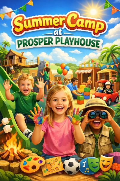 Children enjoying summer camp activities at Prosper Playhouse with vibrant play areas and cheerful atmosphere.