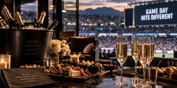 Luxurious stadium hospitality with drinks and snacks.