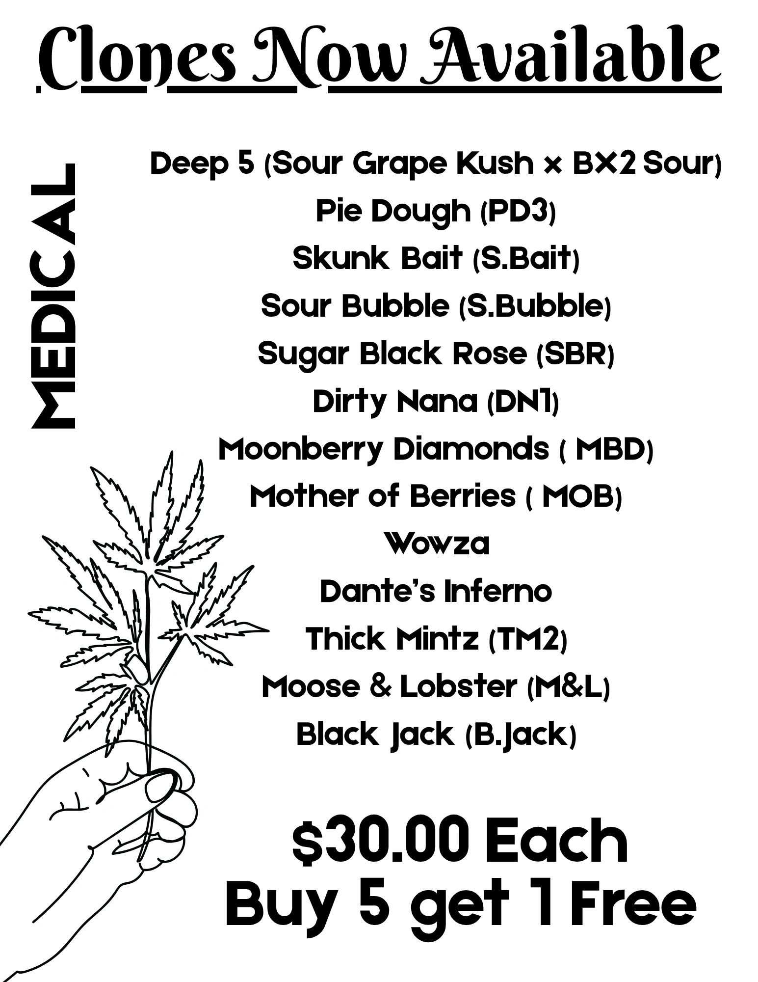 Advertisement for medical clones with various strain names and a special offer.
