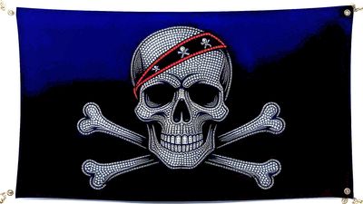 Black pirate flag with skull and crossbones wearing a bandana.