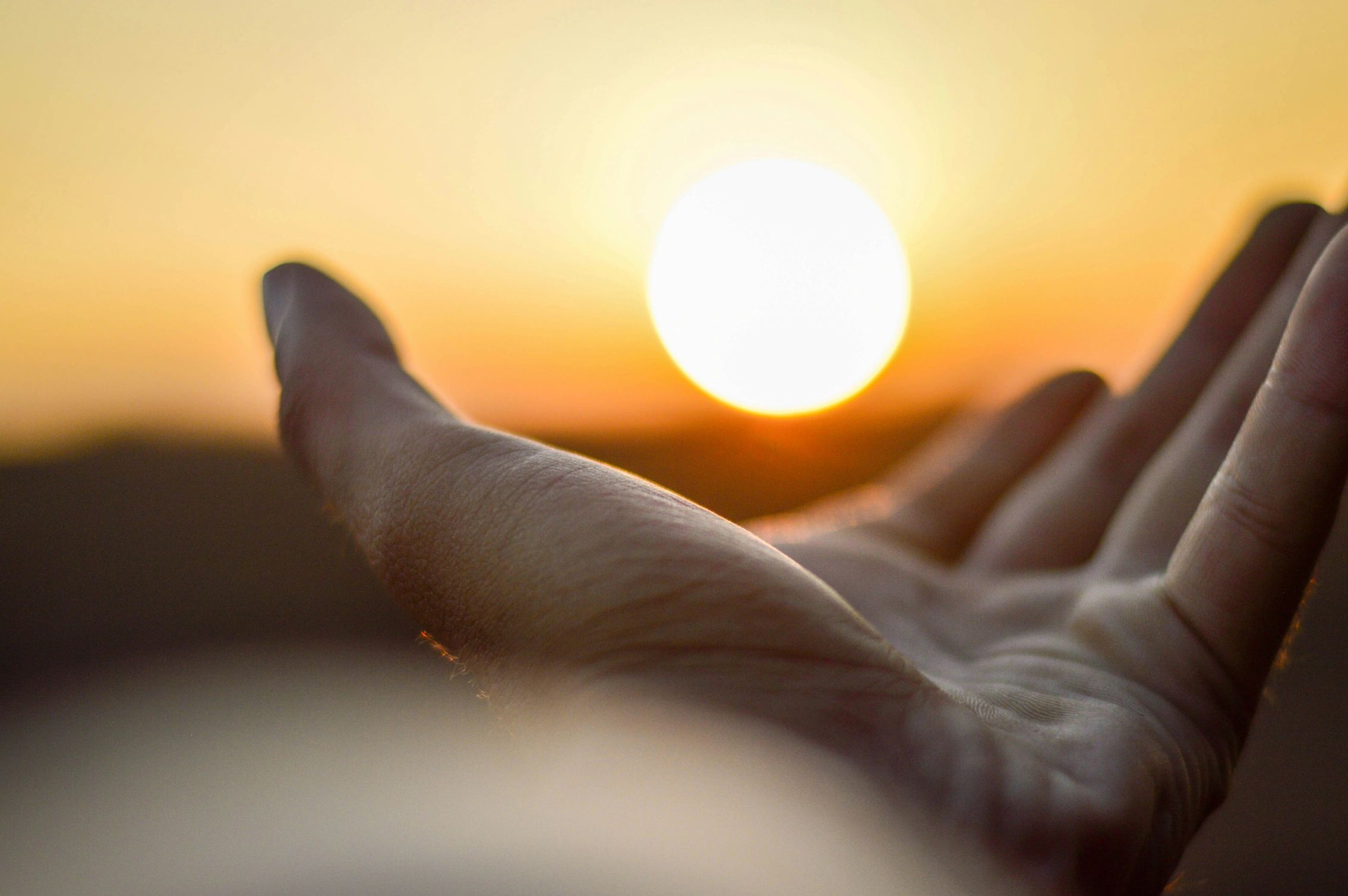 Hand outstretched towards the setting sun