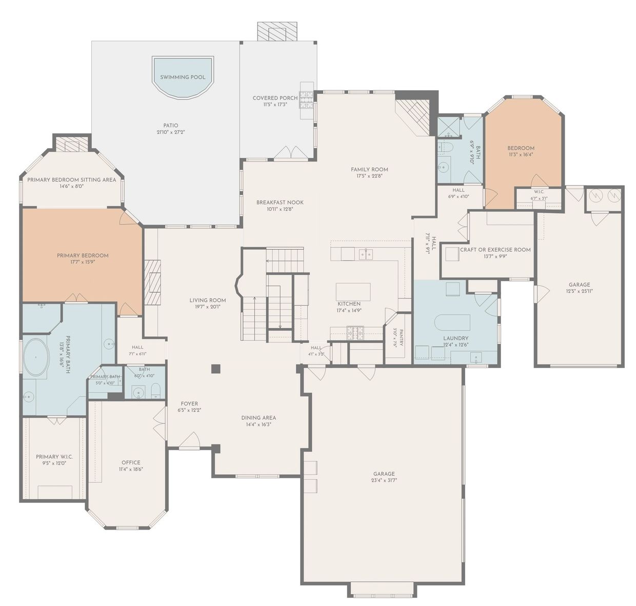 Detailed house floor plan with bedrooms, living areas, kitchen, garage, and pool patio.