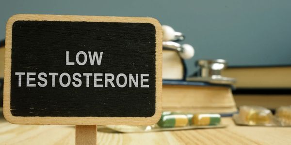 Chalkboard with 'Low Testosterone' message.