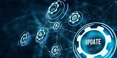 Digital icons representing system update and connectivity.