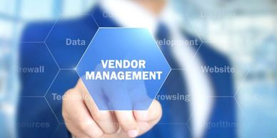 Businessman interacting with a digital interface showing 'Vendor Management'.