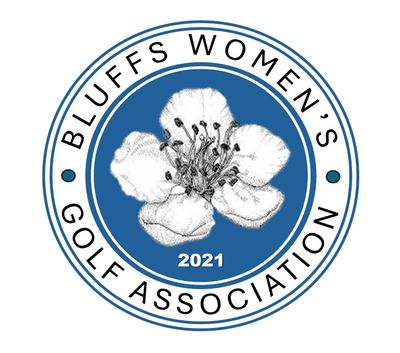 Logo of Bluffs Women's Golf Association featuring a white flower on blue background.
