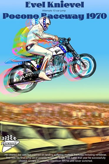 Evel Knievel, Pocono Raceway August 1970. He cleared the cars but crashed on landing. This was his f