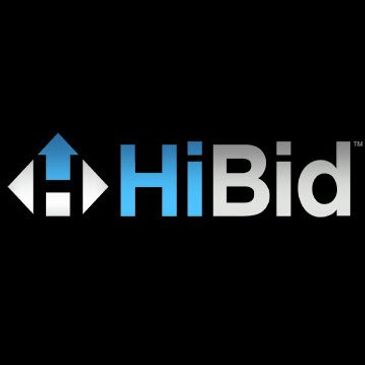 HiBid logo with blue and white design on black background.