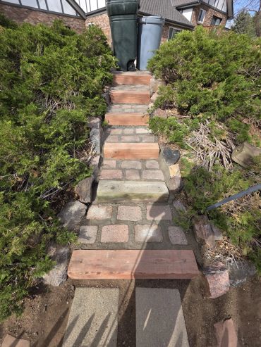 Stone and wood steps lead up a garden path between green bushes.