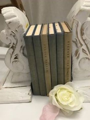 Books held by ornate white bookends with a white rose and petal.