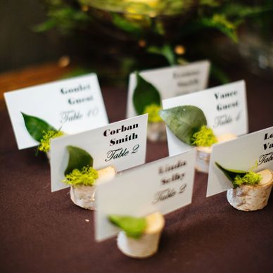 Elegant place cards with guests' names and table numbers, decorated with green leaves and moss.