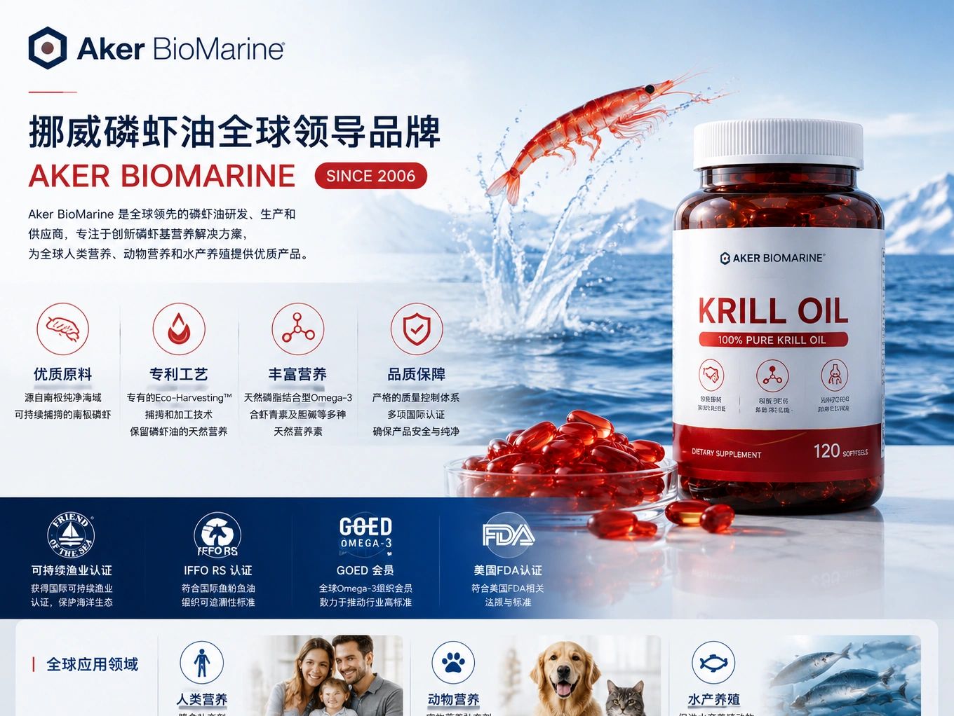 Aker BioMarine krill oil supplement with product benefits and certifications.