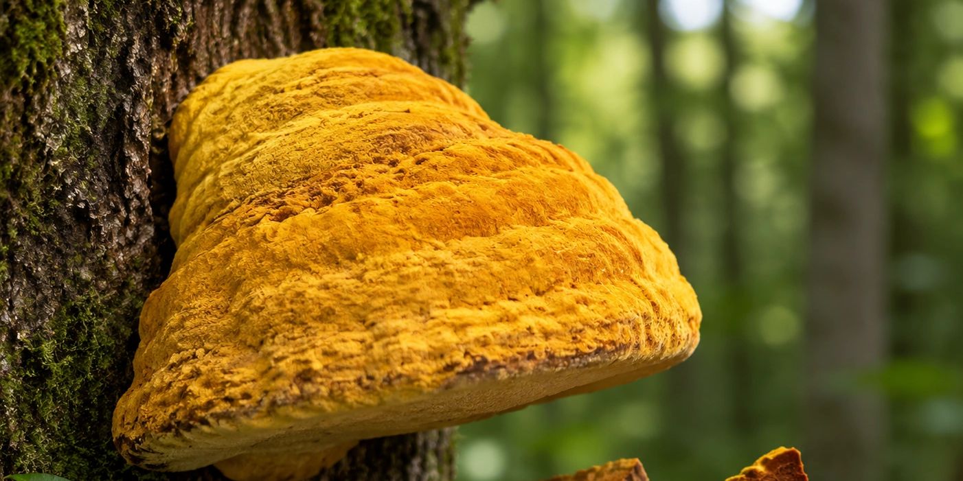 Large yellow shelf fungus growing on tree bark in a forest.