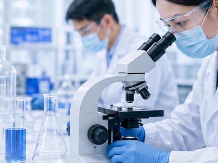 Scientists in a lab examining samples under a microscope.