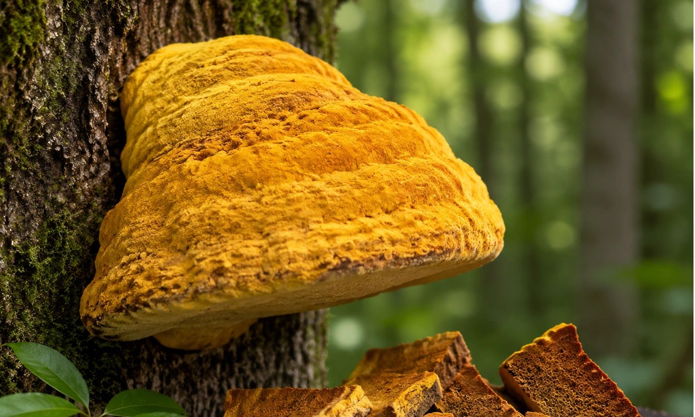 A large yellow mushroom growing on a tree trunk in a forest.