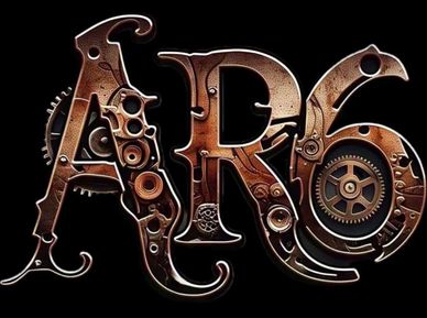 Steampunk-themed metallic letters spelling 'AR6' with intricate gears and mechanical parts.