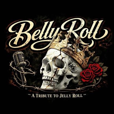 A crowned skull with roses and microphone, titled 'Belly Roll, A Tribute to Jelly Roll'.