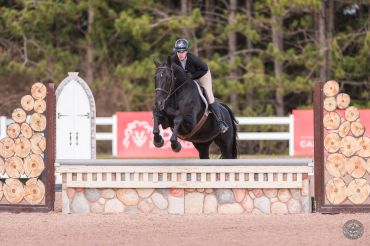 Equestrian rider jumping over a stone and wood obstacle with a black horse.