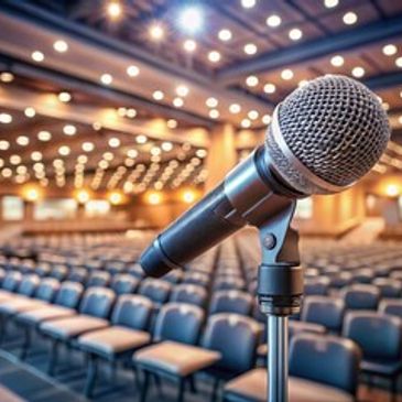 Microphone in front of empty seats in a conference hall.