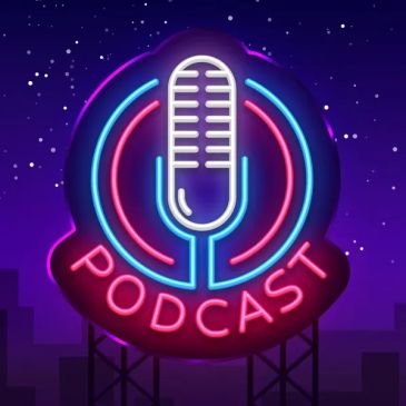 Neon sign of a microphone with the word PODCAST glowing at night.