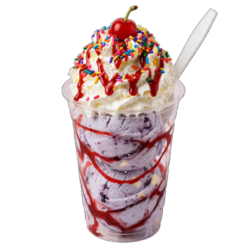 A colorful ice cream sundae with whipped cream and cherry.