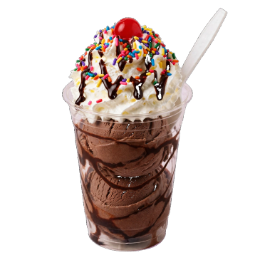 Chocolate ice cream sundae with whipped cream and cherry.