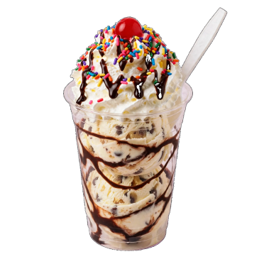 Chocolate chip ice cream sundae with whipped cream and a cherry.
