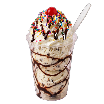 Ice cream sundae with whipped cream, chocolate syrup, sprinkles, and a cherry.