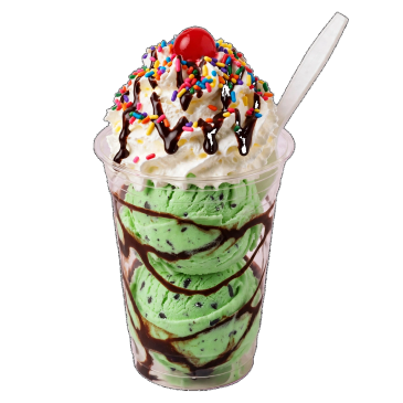 Mint chocolate chip ice cream sundae with whipped cream and cherry.