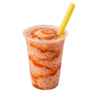 Strawberry smoothie in a clear cup with yellow straw.