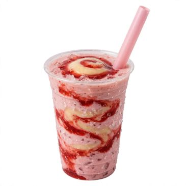 Strawberry smoothie with swirls and a pink straw.