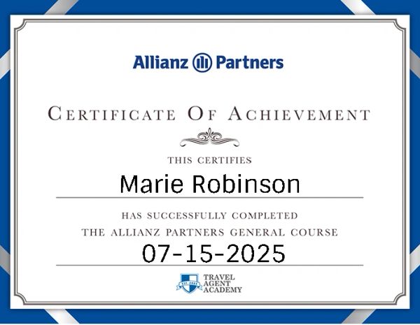 Certificate of achievement awarded to Marie Robinson by Allianz Partners.