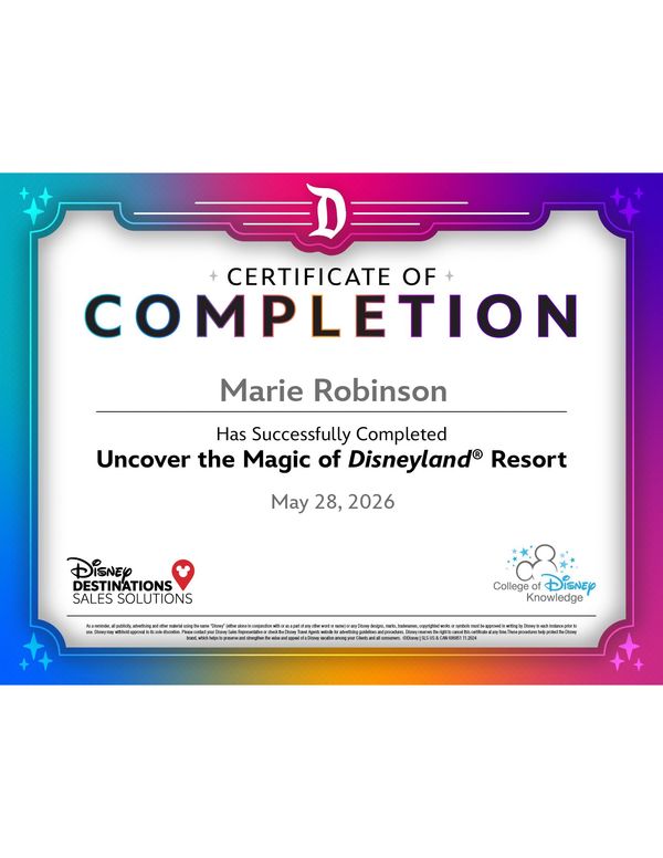 Certificate of completion for Marie Robinson from Disneyland Resort course.