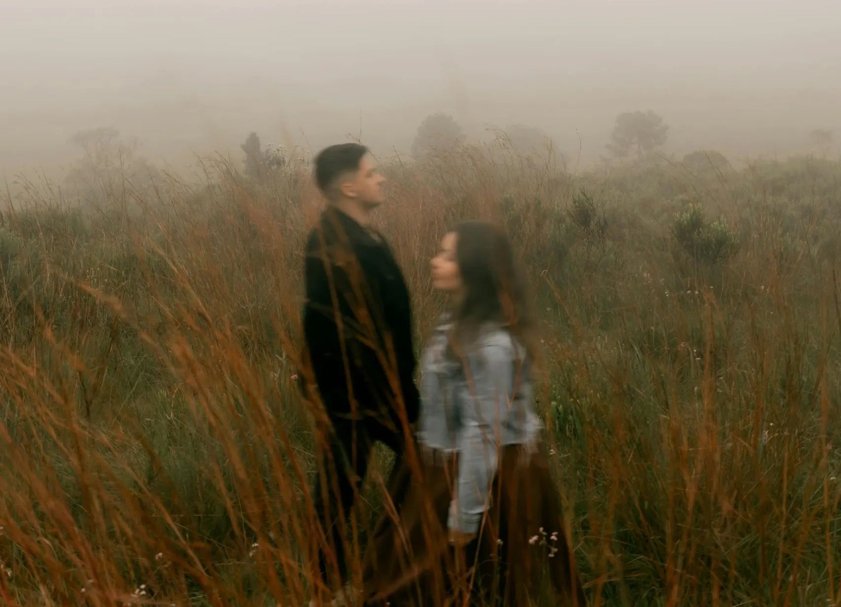 Two blurred figures standing in a misty field with tall grass.