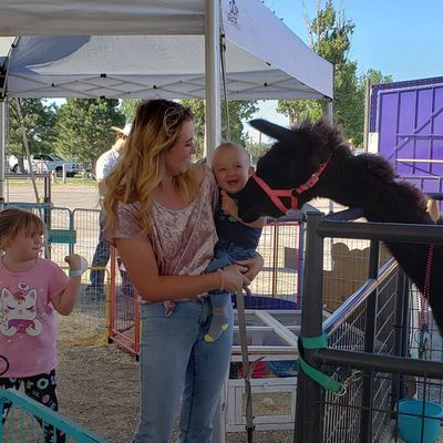 A woman holds a happy baby near a llama at a petting zoo while a young girl looks on. #interactiveanimalexperience #educationalentertainment in action #familyownedpettingzoo