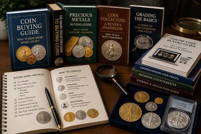 Coin collecting books and guides with coins and magnifying glass.