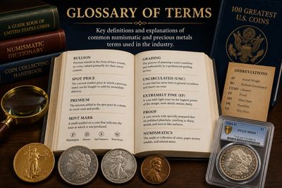 Coins and glossary of numismatic terms with a graded coin.