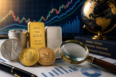 Gold and silver bars with coins and magnifying glass on financial charts.