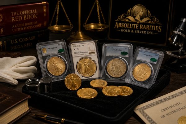 Collection of rare gold coins displayed with grading cases and books.