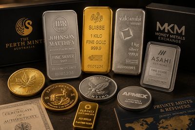 Various gold and silver bars and coins from different mints.