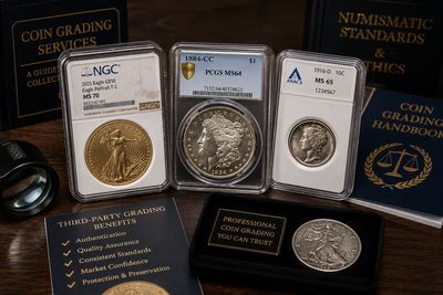 Graded coins displayed with coin grading books and a magnifying glass.
